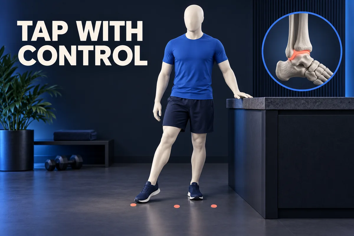 Een geklede figuur met glad hoofd zonder gezicht houdt een aanrecht vast en tikt met de teen op de vloer naast een enkelbeeld en TAP WITH CONTROL.