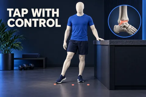 Una figura vestita con testa liscia senza volto tiene un piano stabile e tocca il pavimento con la punta del piede accanto a TAP WITH CONTROL.