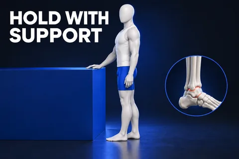 Figura senza volto accanto a un bancone fisso, piedi in linea tandem, dettaglio anatomico della caviglia e HOLD WITH SUPPORT.