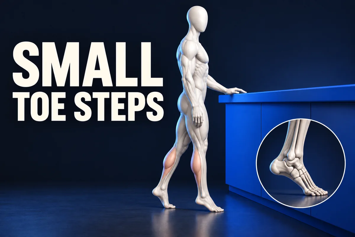 Een ivoorkleurige figuur met glad hoofd zet een kleine stap met geheven hielen naast een kobaltblauw aanrecht en voetdetail. SMALL TOE STEPS.