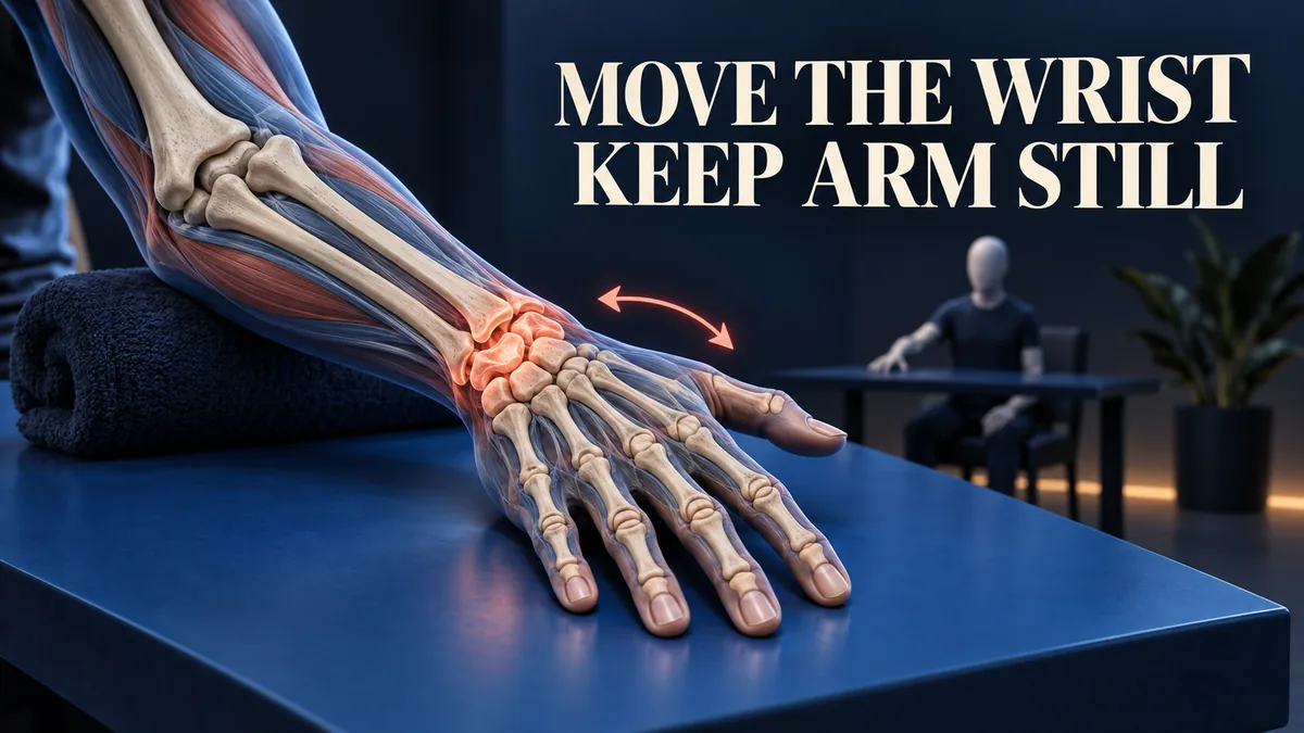 Ivoorkleurige hand en onderarm met koraalkleurige polsbotten op een blauwe tafel onder MOVE THE WRIST KEEP ARM STILL.