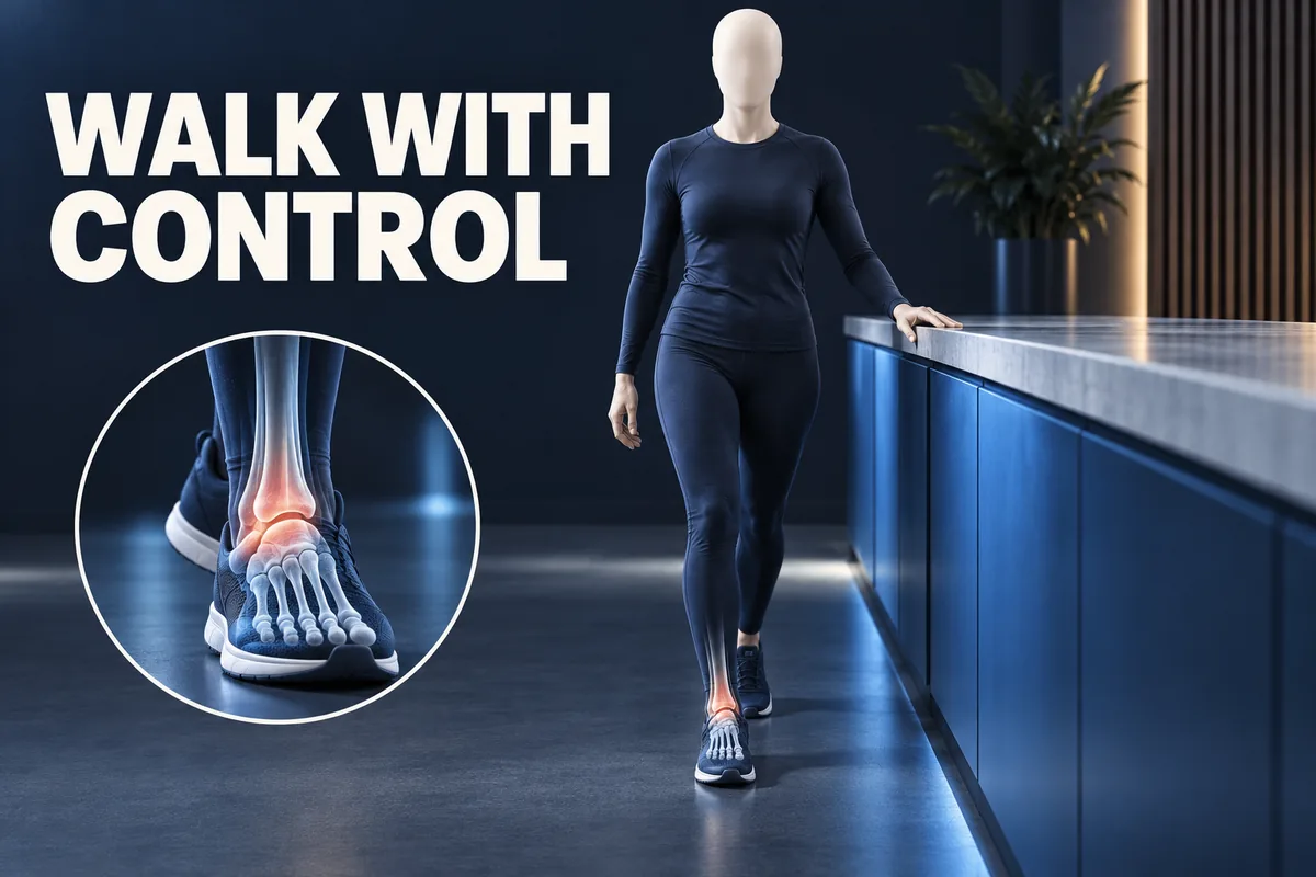 Een persoon zonder gelaatstrekken loopt in een lijn naast een aanrecht onder de tekst WALK WITH CONTROL.