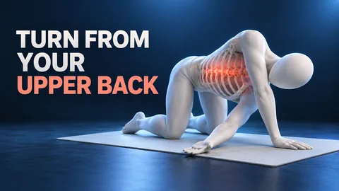 Gesichtslose Figur im Vierfüßlerstand mit betontem oberen Rücken und englischen Worten TURN FROM YOUR UPPER BACK.