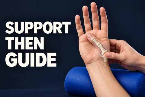 Mão apoiada com polegar pela palma, contacto suave da outra mão e ossos do polegar junto de SUPPORT THEN GUIDE.