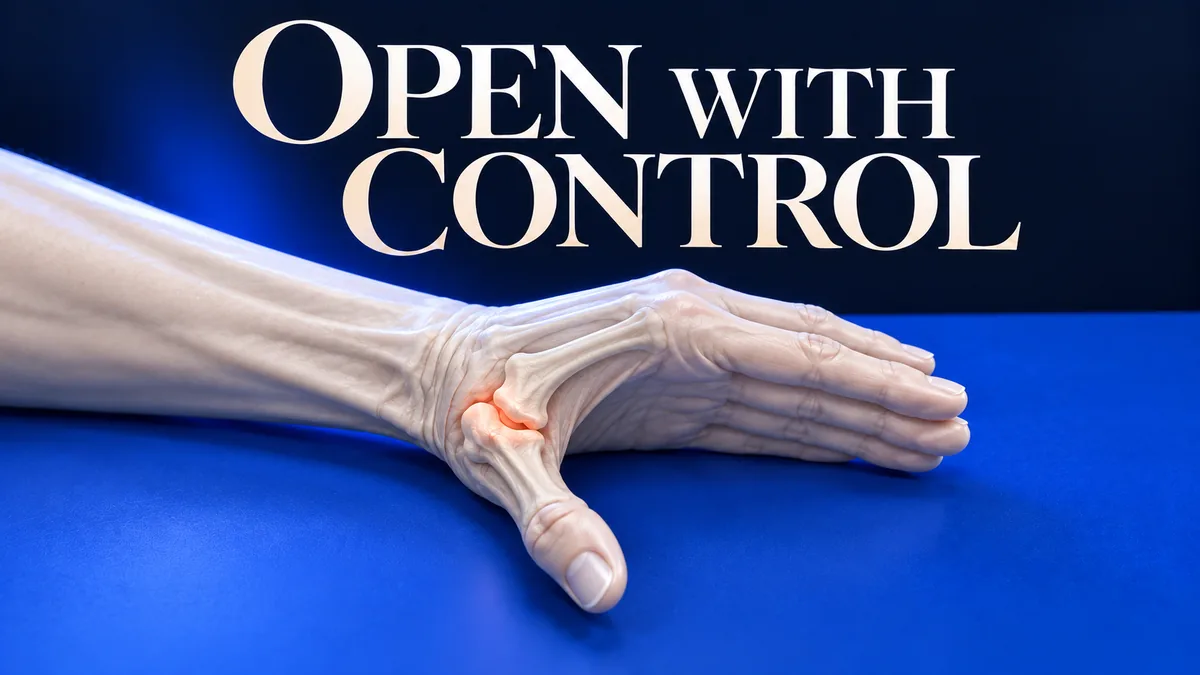 Een ivoorkleurige anatomische hand rust op de pinkrand, de duim opent buiten het handpalmvlak, met koraalkleurig duimbasisgewricht en OPEN WITH CONTROL.