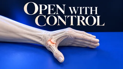 Una mano anatomica avorio poggia sul bordo del mignolo, il pollice esce dal piano del palmo, con base corallo e OPEN WITH CONTROL.