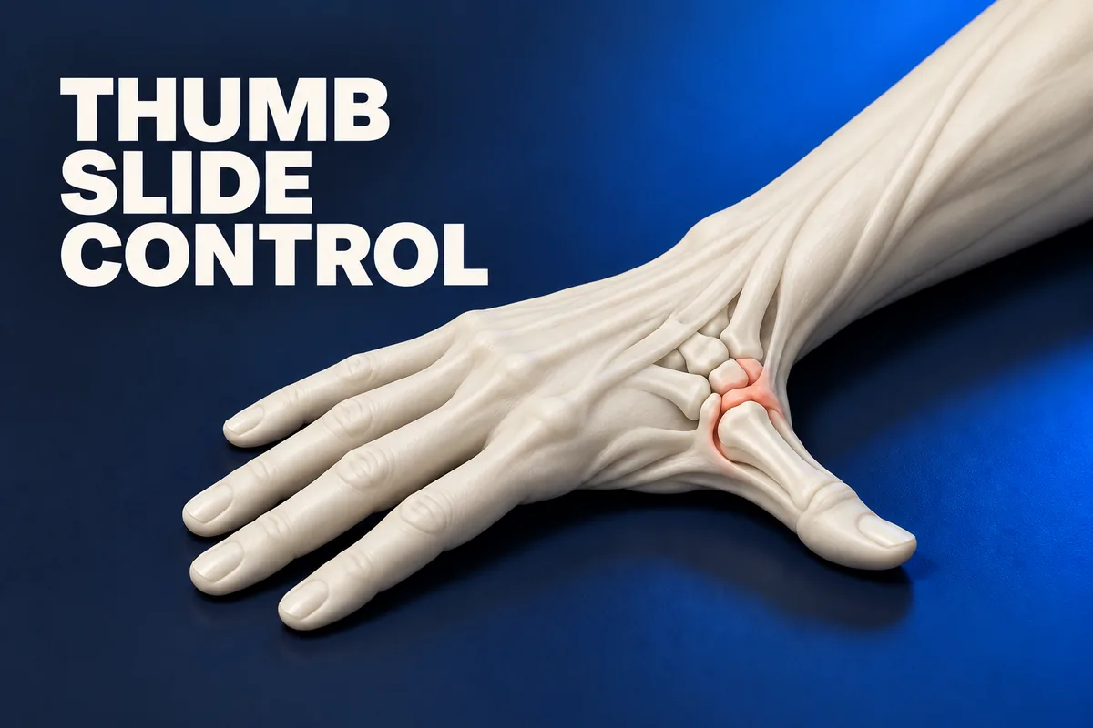 Ivoren hand met palm omlaag en duim geopend langs de tafel, gemarkeerde basis naast THUMB SLIDE CONTROL.