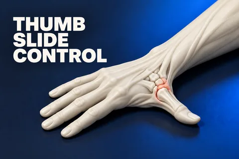 Mano avorio con palmo verso il basso e pollice aperto sul tavolo, base evidenziata accanto a THUMB SLIDE CONTROL.