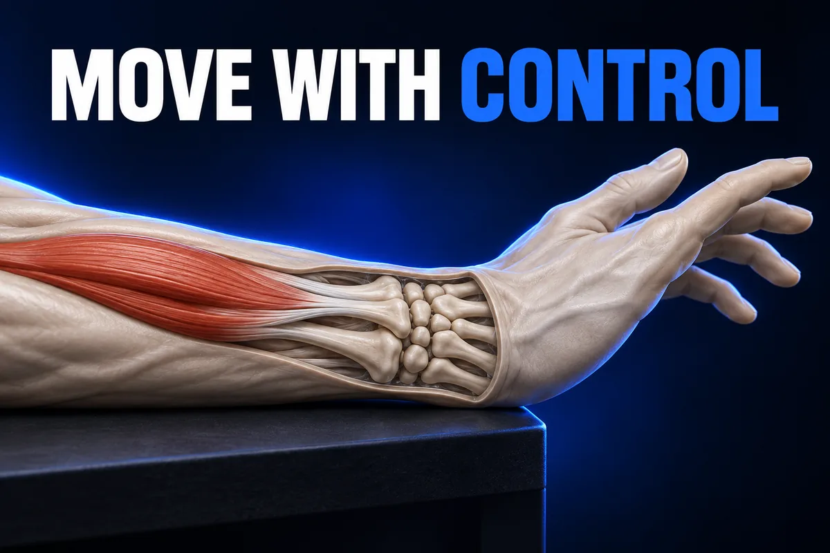 Ivoorkleurige anatomische onderarm op een tafel met een inkijk in de pols, licht opgetilde hand en de Engelse tekst MOVE WITH CONTROL.